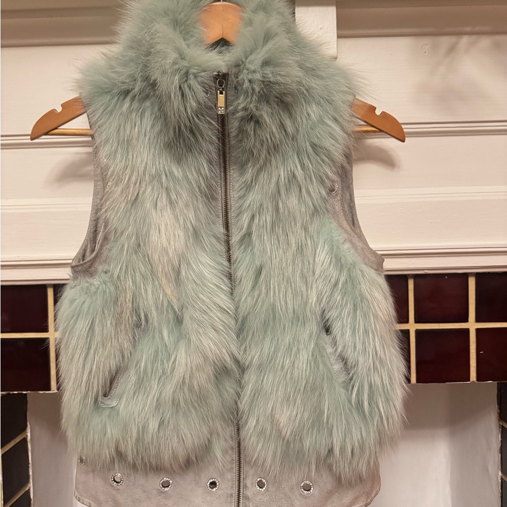 Aris Women's real fox feather Vest in Soft Green and Gray
